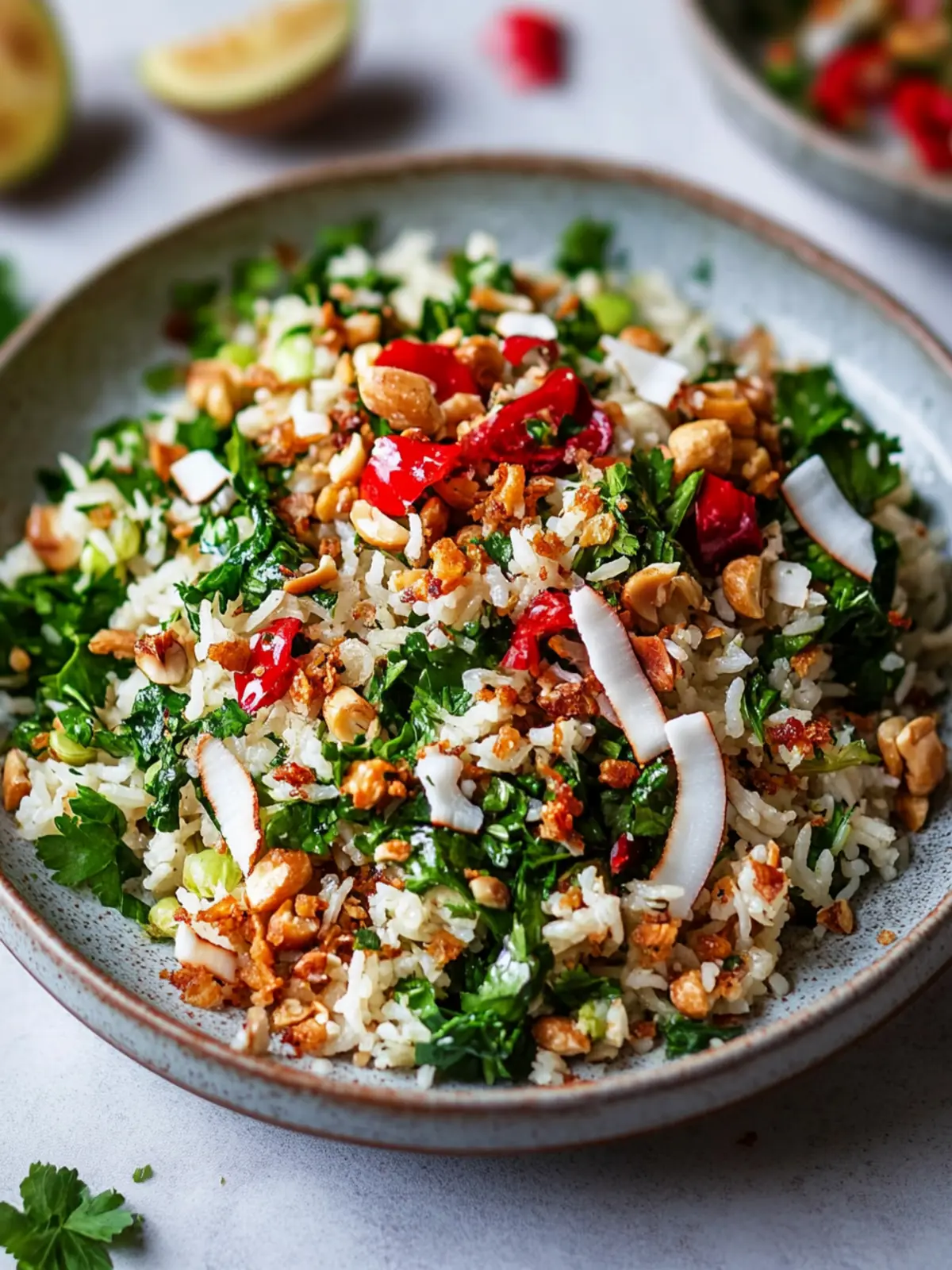 Crispy rice salad with roasted peanuts and coconut chips