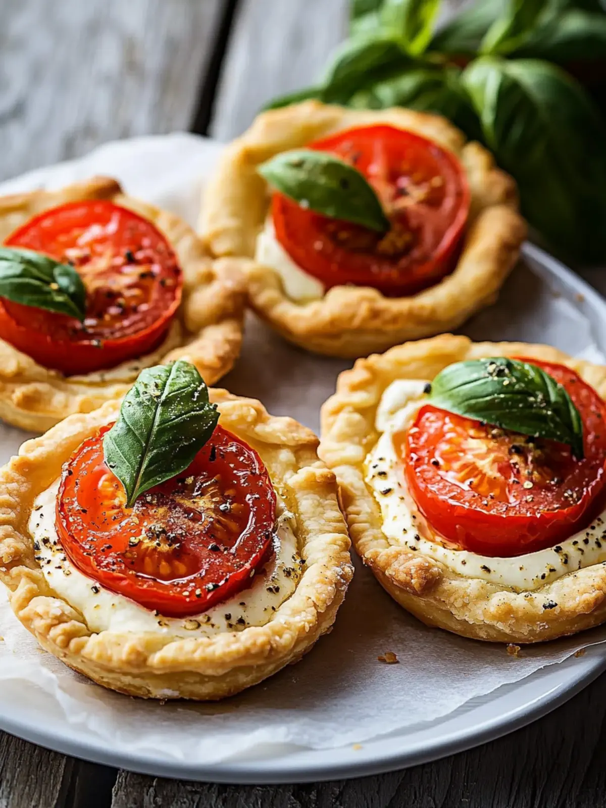 Knusprige Tartelettes mit Tomaten, Basilikum und Mozzarella