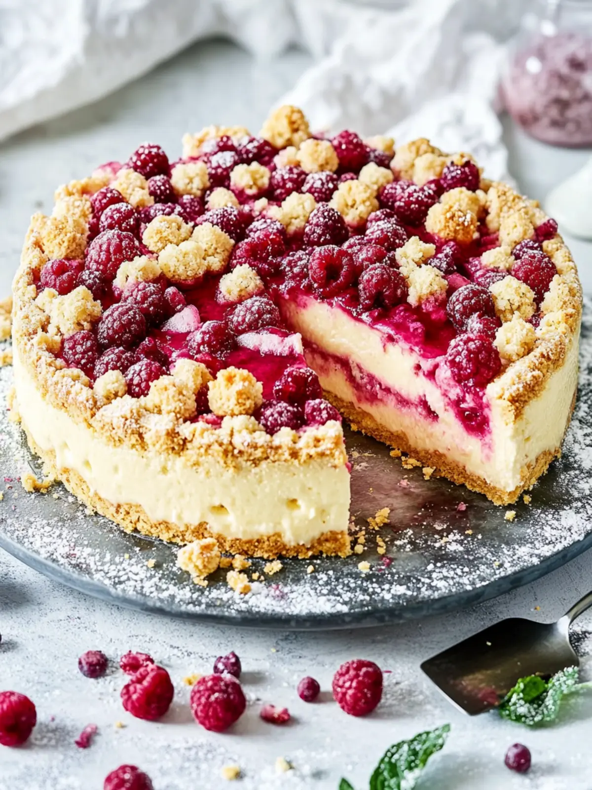 Käsekuchen mit Himbeeren und Streusel
