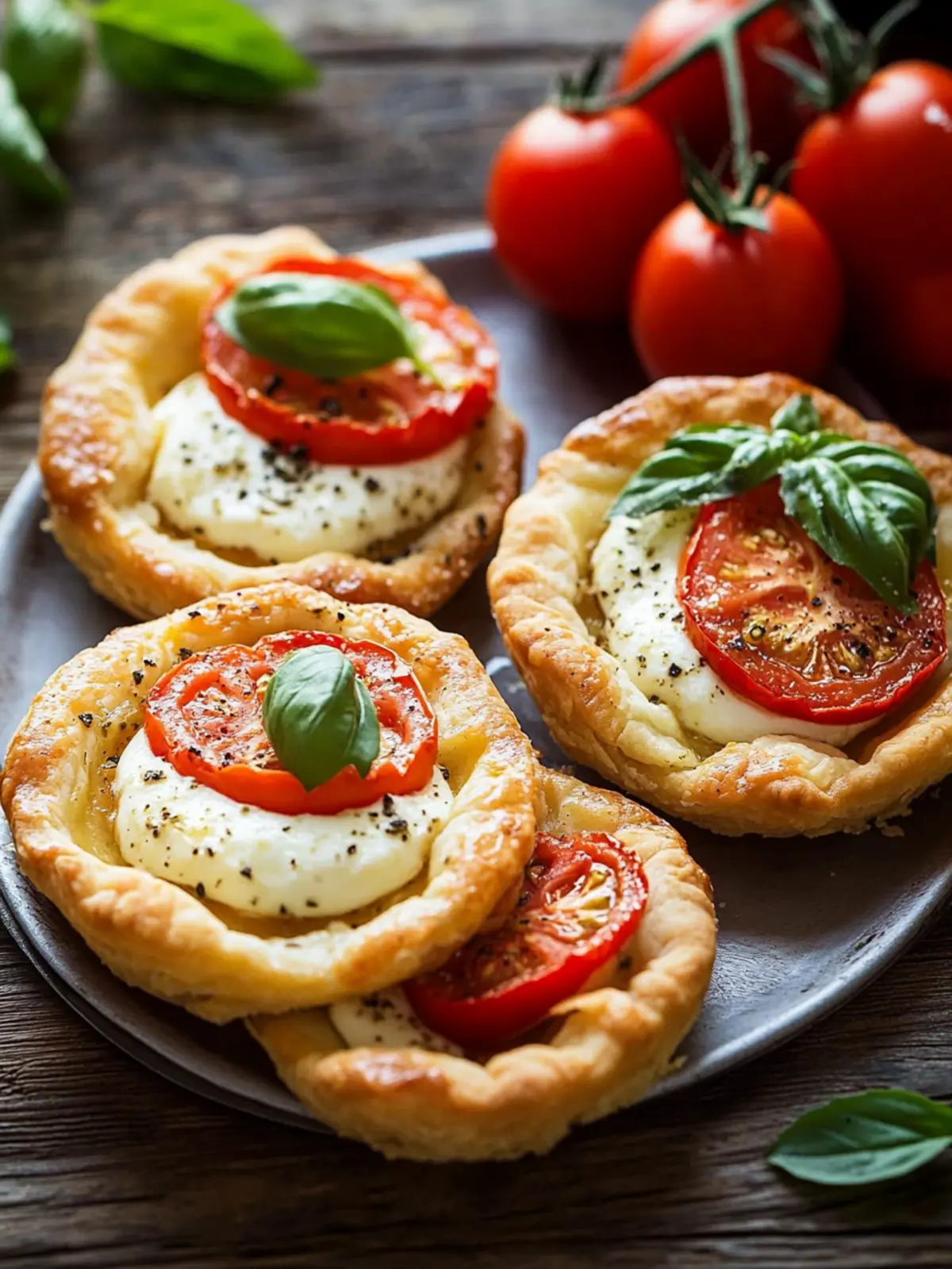 Knusprige Tartelettes mit Tomaten, Basilikum und Mozzarella