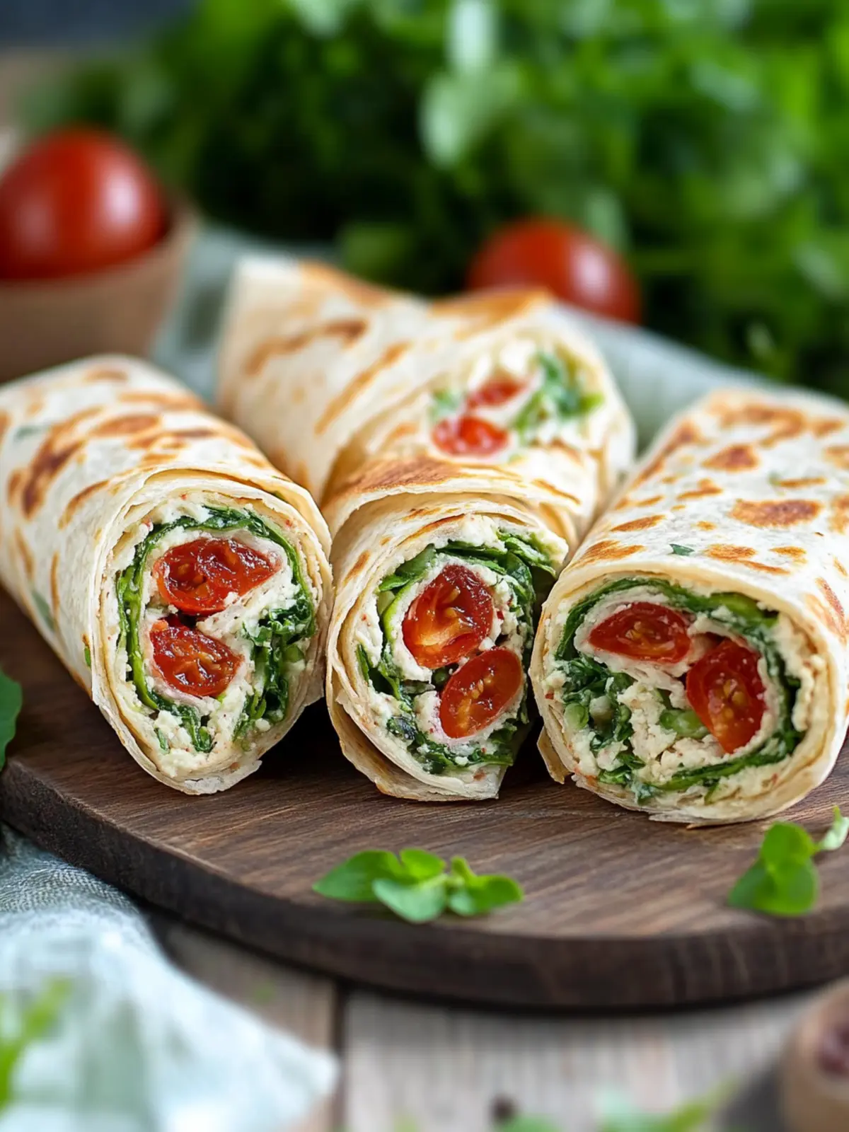 Vegetarische Wrap-Röllchen mit Rucola und Tomaten
