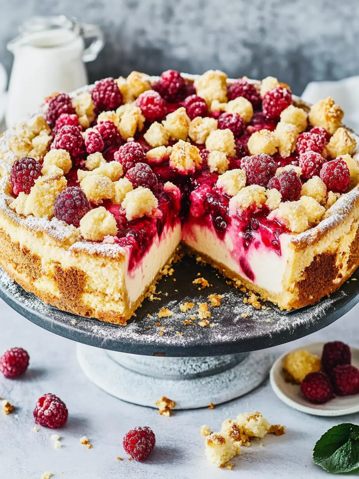 Käsekuchen mit Himbeeren und Streusel