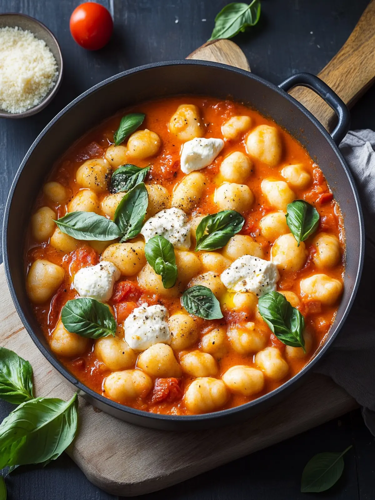 Cremige One-Pot-Gnocchi mit Tomate, Mozzarella & Basilikum