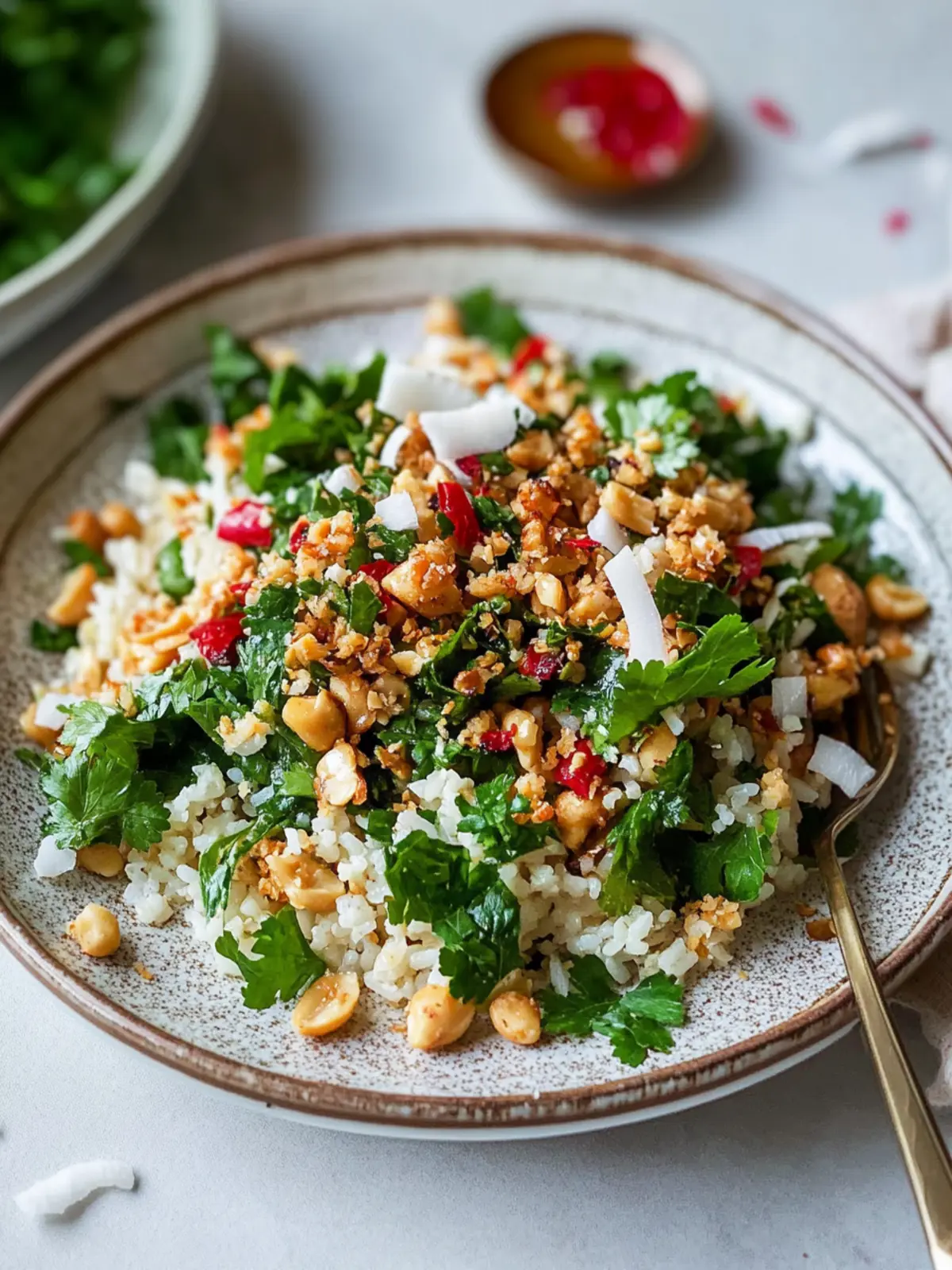 Crispy rice salad with roasted peanuts and coconut chips
