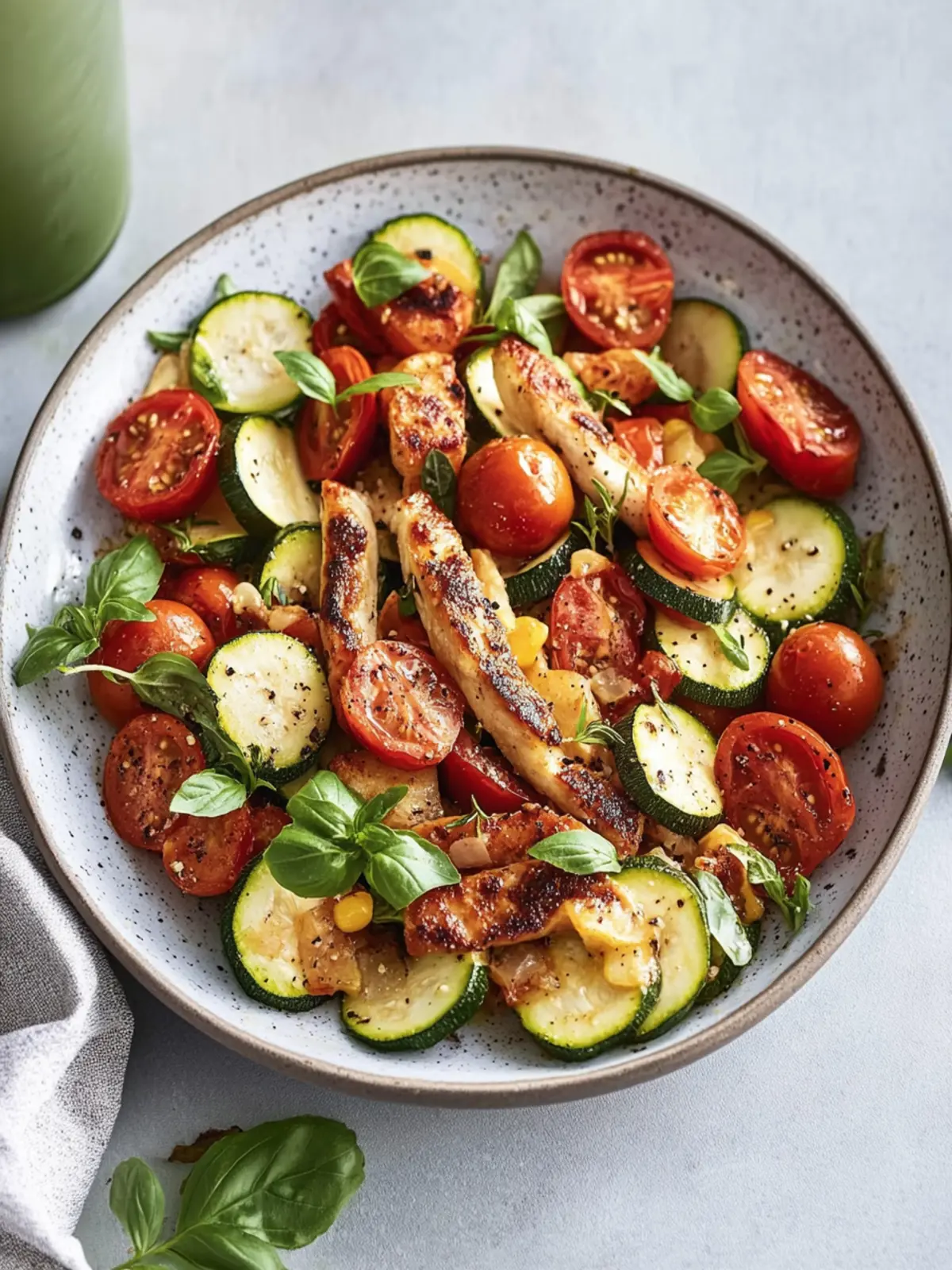 Hähnchenpfanne mit Zucchini, Tomaten und Bohnen
