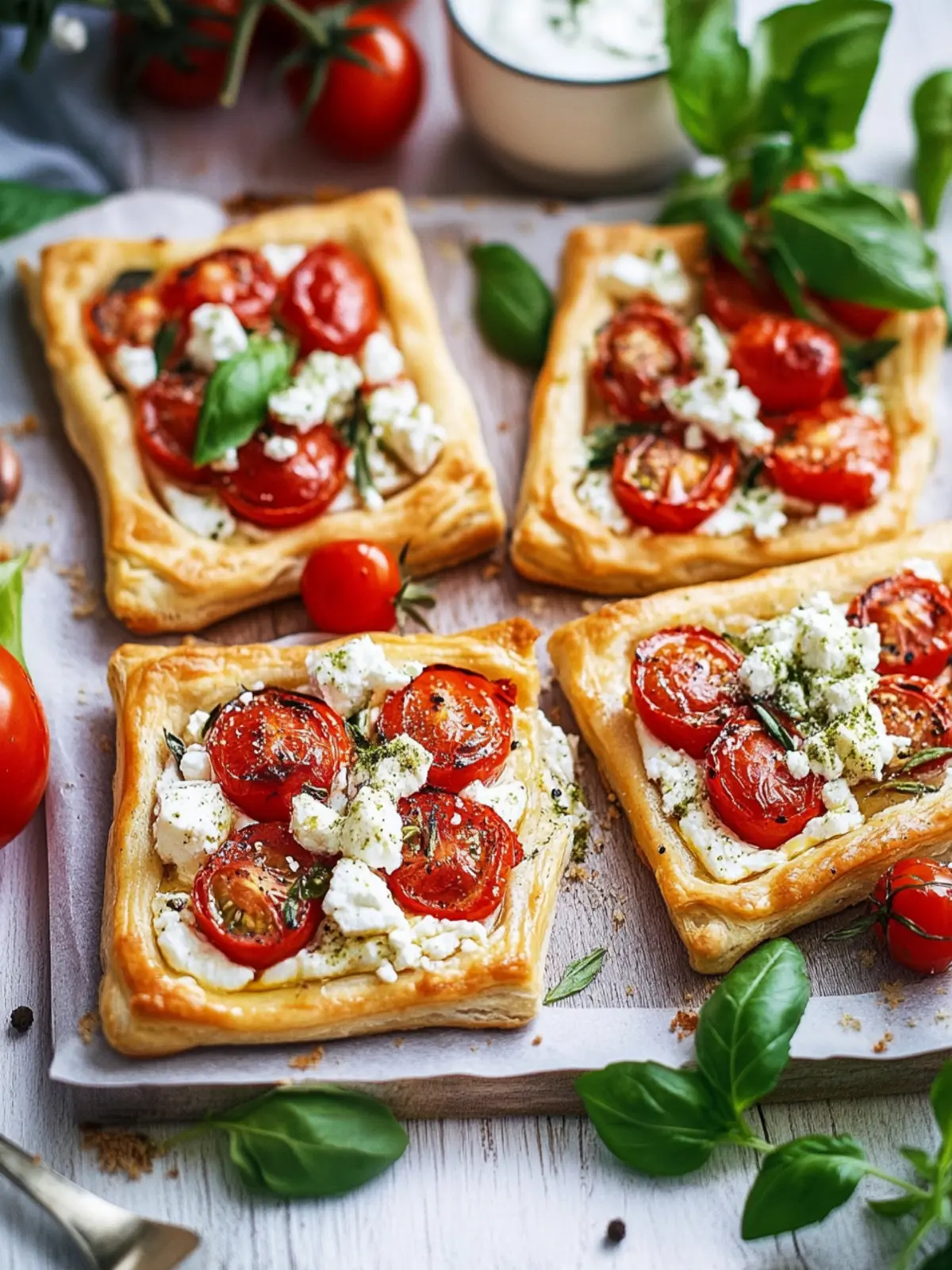 Tomaten-Blätterteig-Häppchen mit veganem Feta und Kräutern