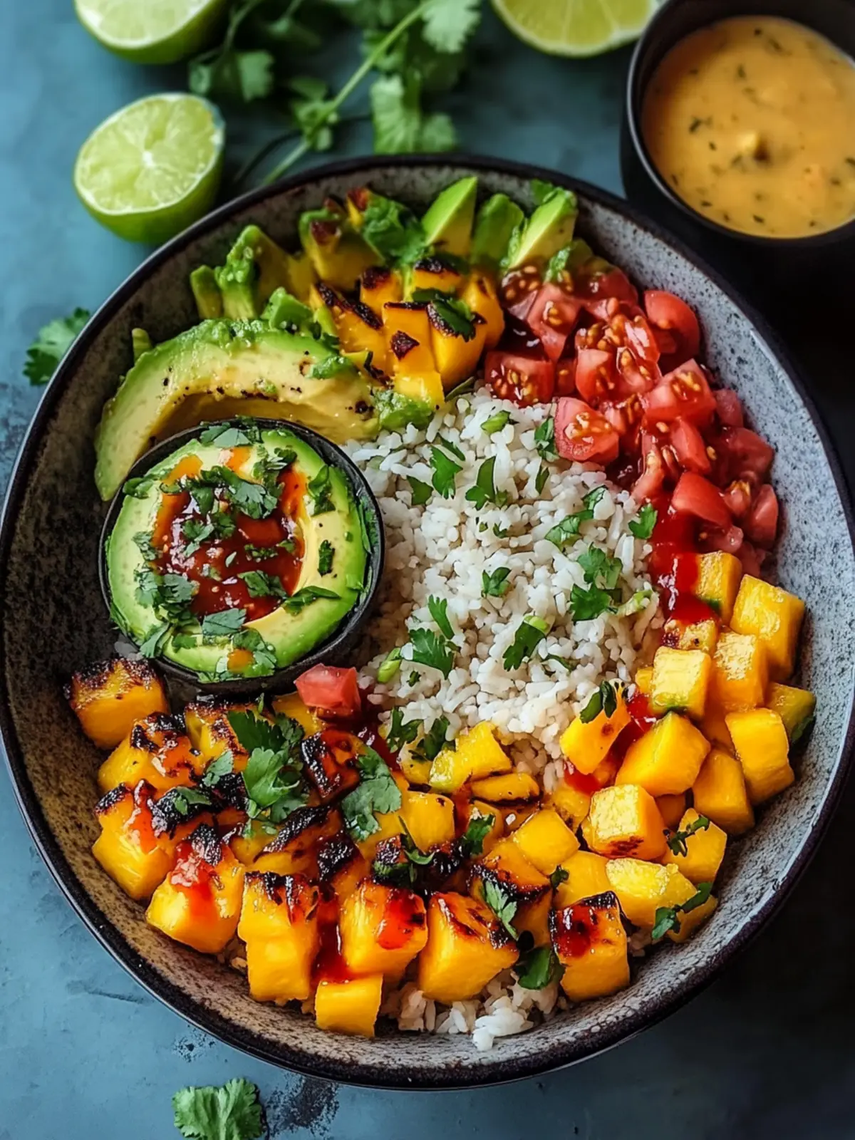 Shrimp- und Avocado-Bowls mit Mango-Salsa und Limetten-Chili-Sauce