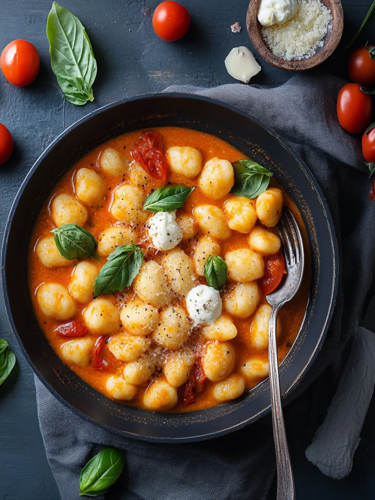 Cremige One-Pot-Gnocchi mit Tomate, Mozzarella & Basilikum