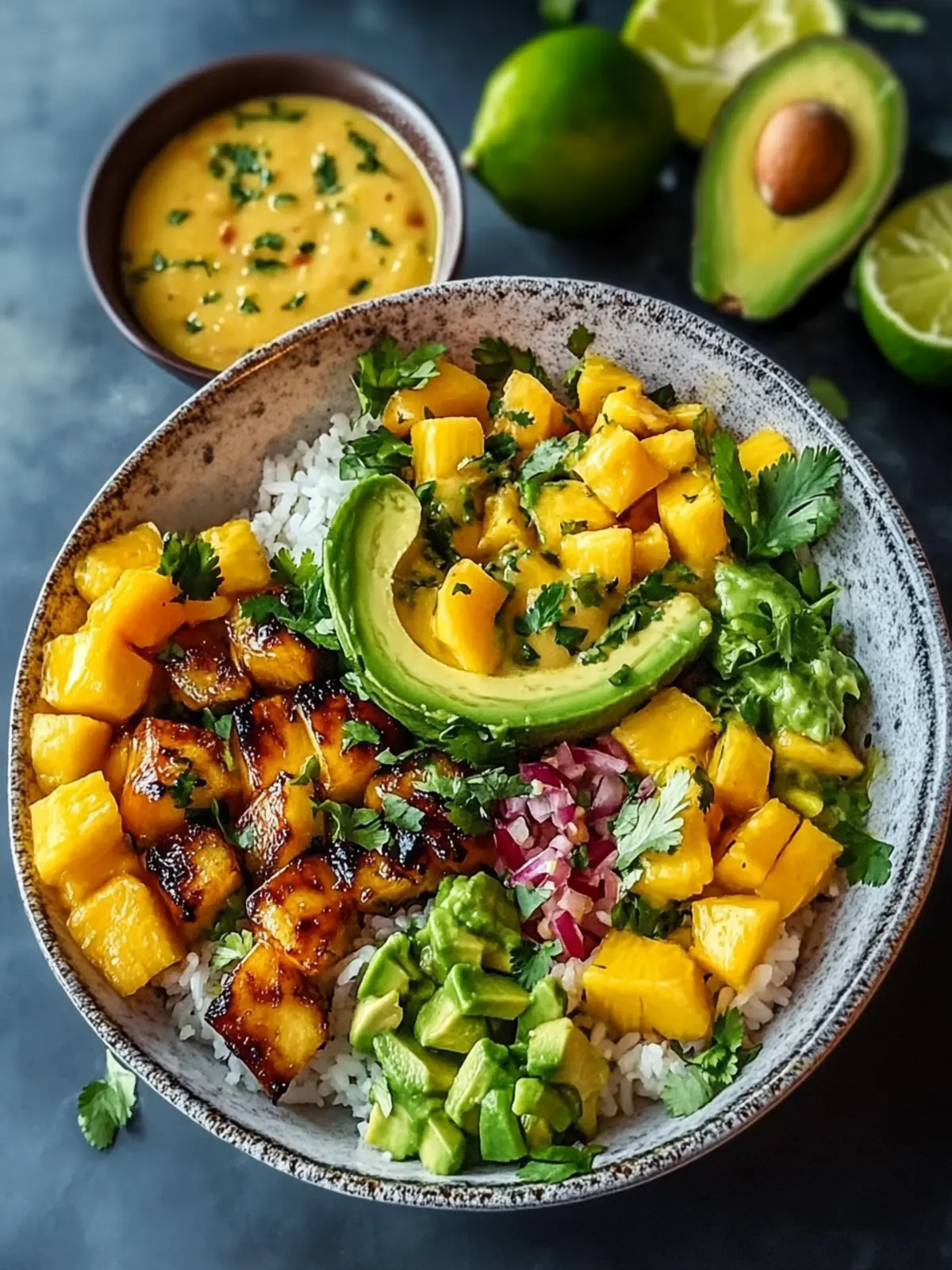 Shrimp- und Avocado-Bowls mit Mango-Salsa und Limetten-Chili-Sauce