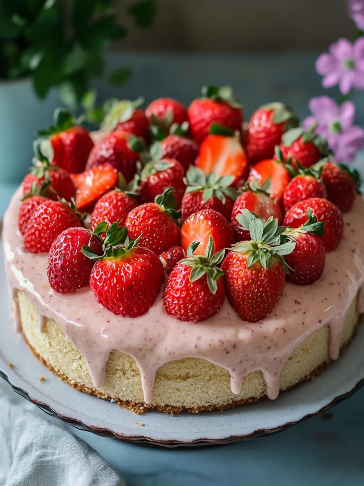 Vegan strawberry cake with fine sponge base