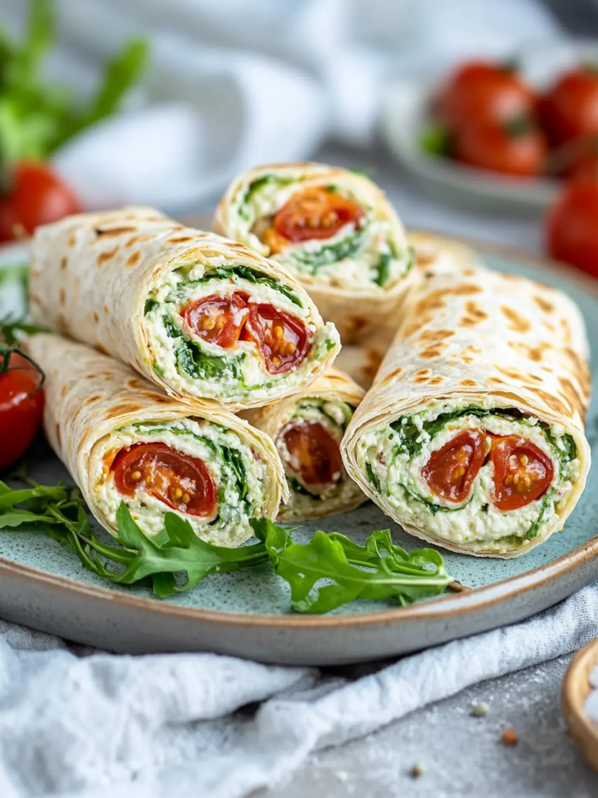 Vegetarische Wrap-Röllchen mit Rucola und Tomaten