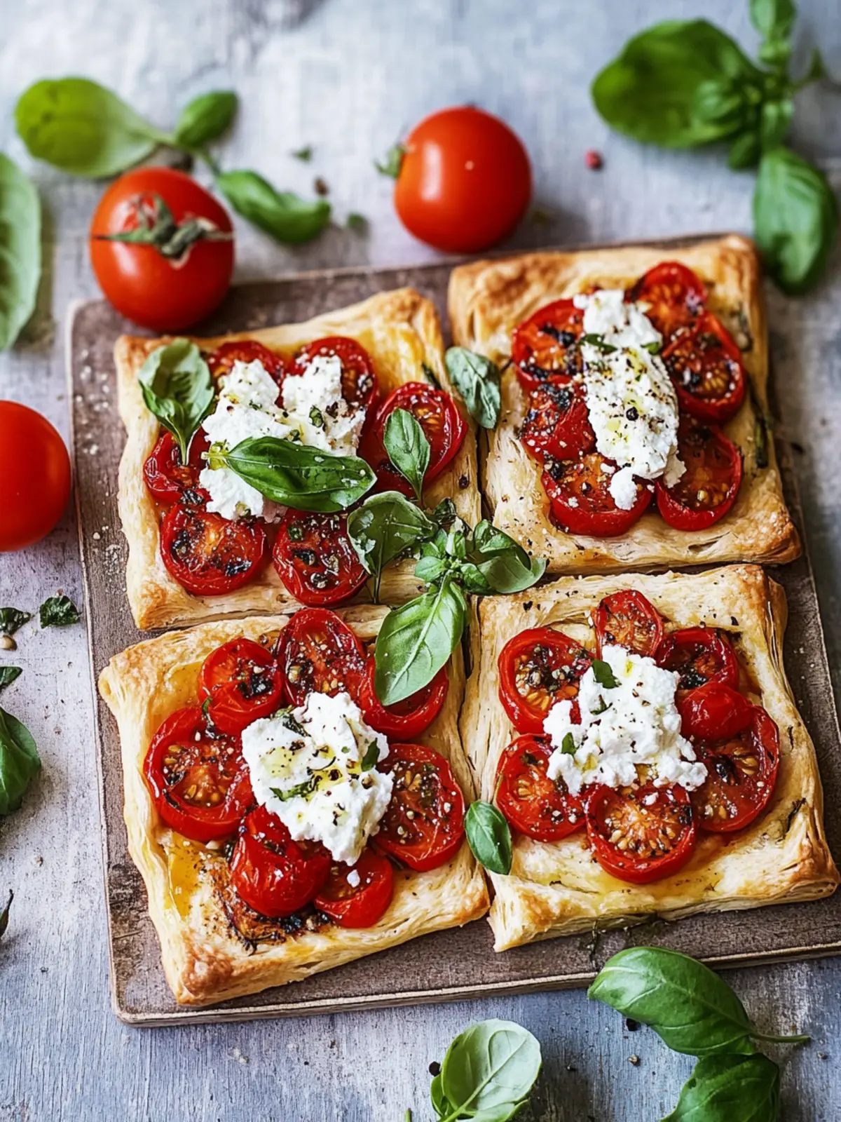 Tomaten-Blätterteig-Häppchen mit veganem Feta und Kräutern