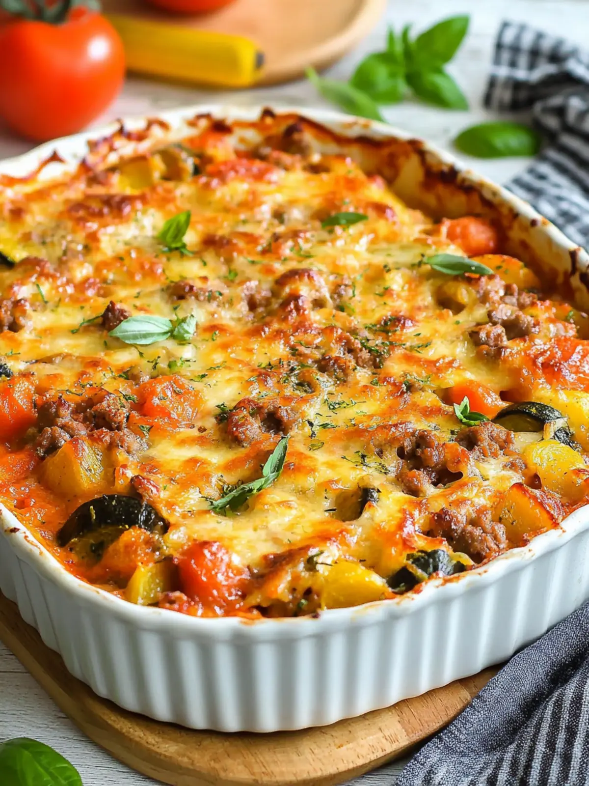 Vegetable casserole with minced meat and cheese gratinated