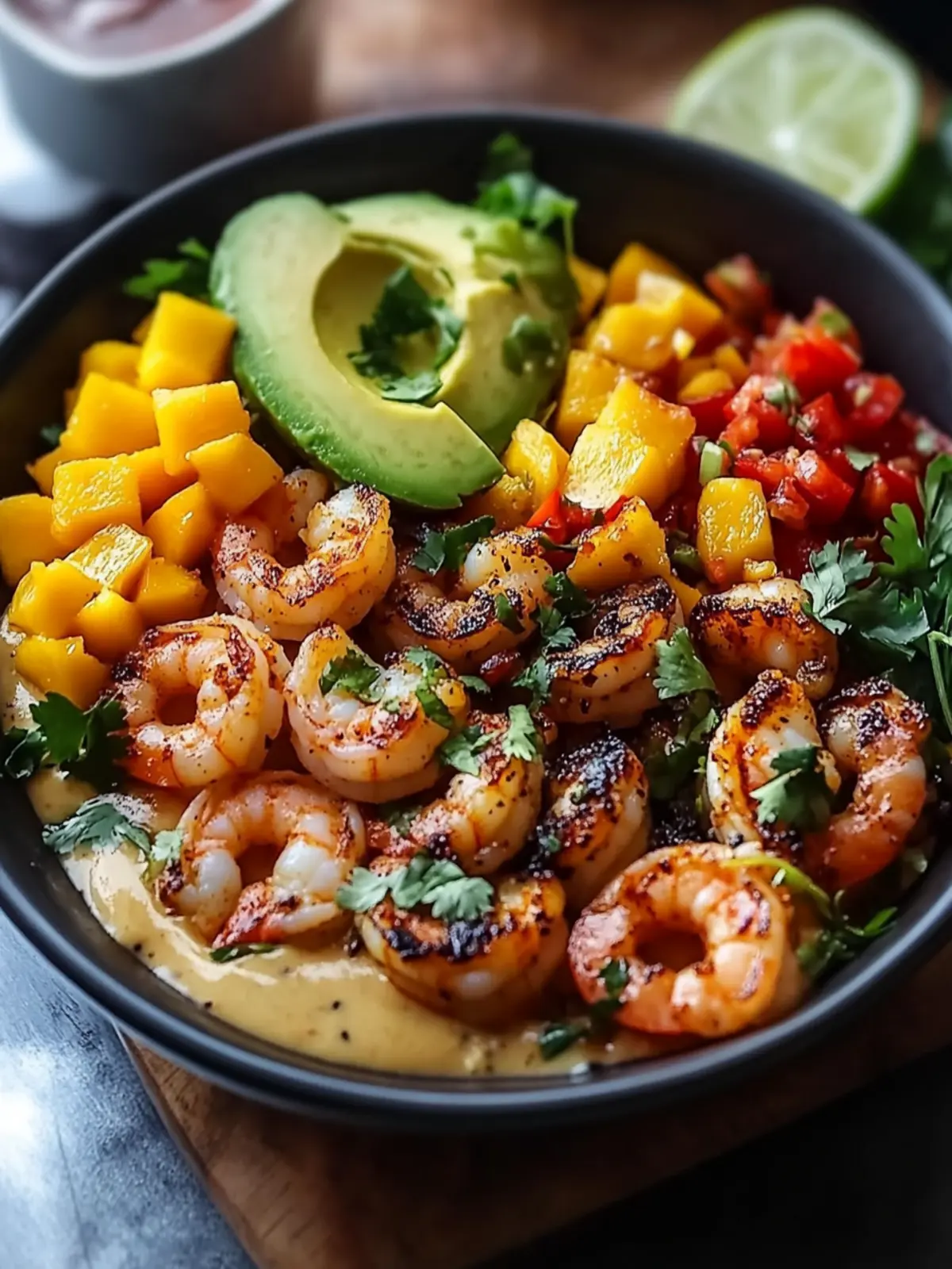 Shrimp- und Avocado-Bowls mit Mango-Salsa und Limetten-Chili-Sauce