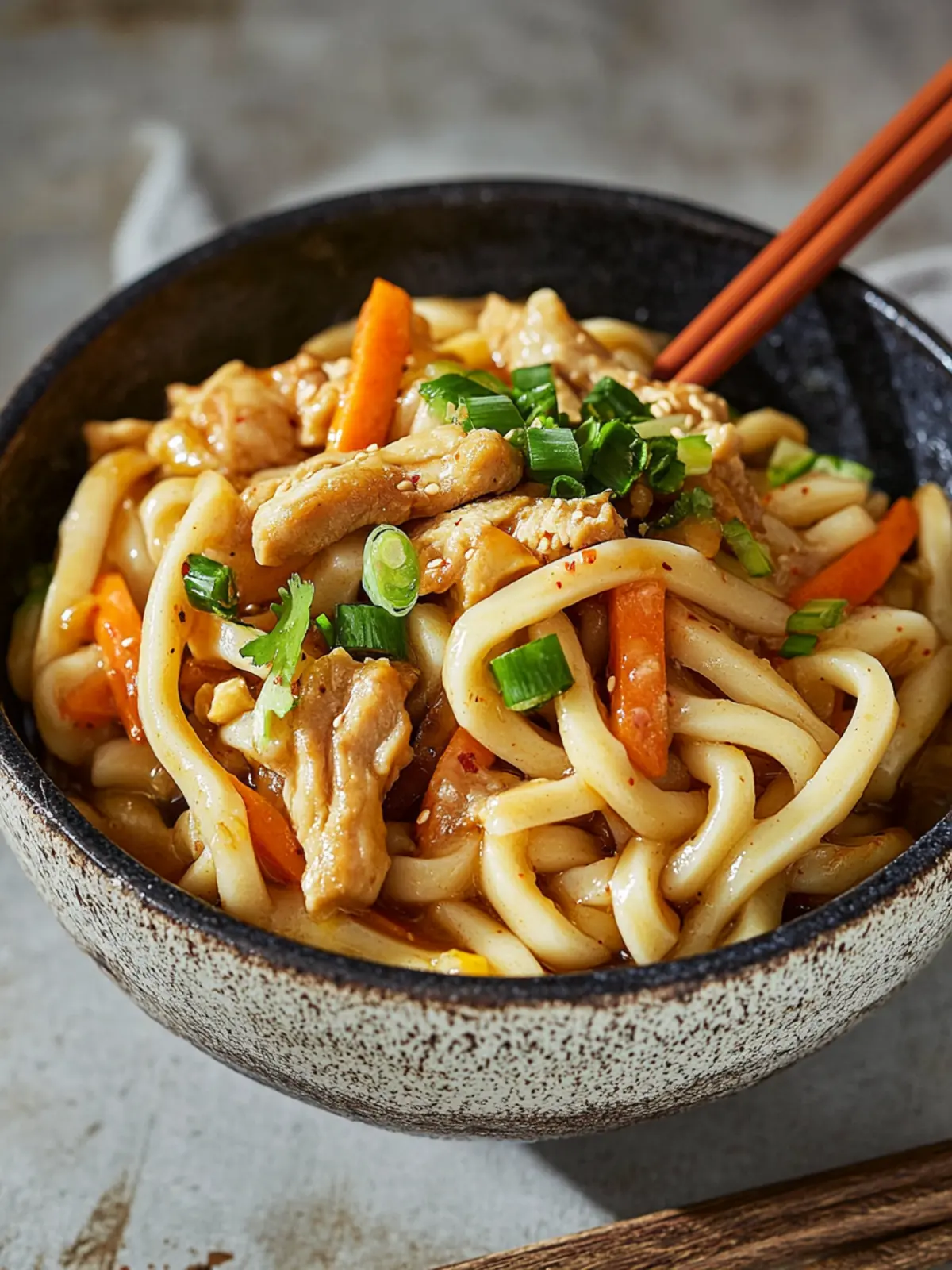 Yaki Udon (japanische gebratene Udon-Nudeln mit Hähnchen und Gemüse)