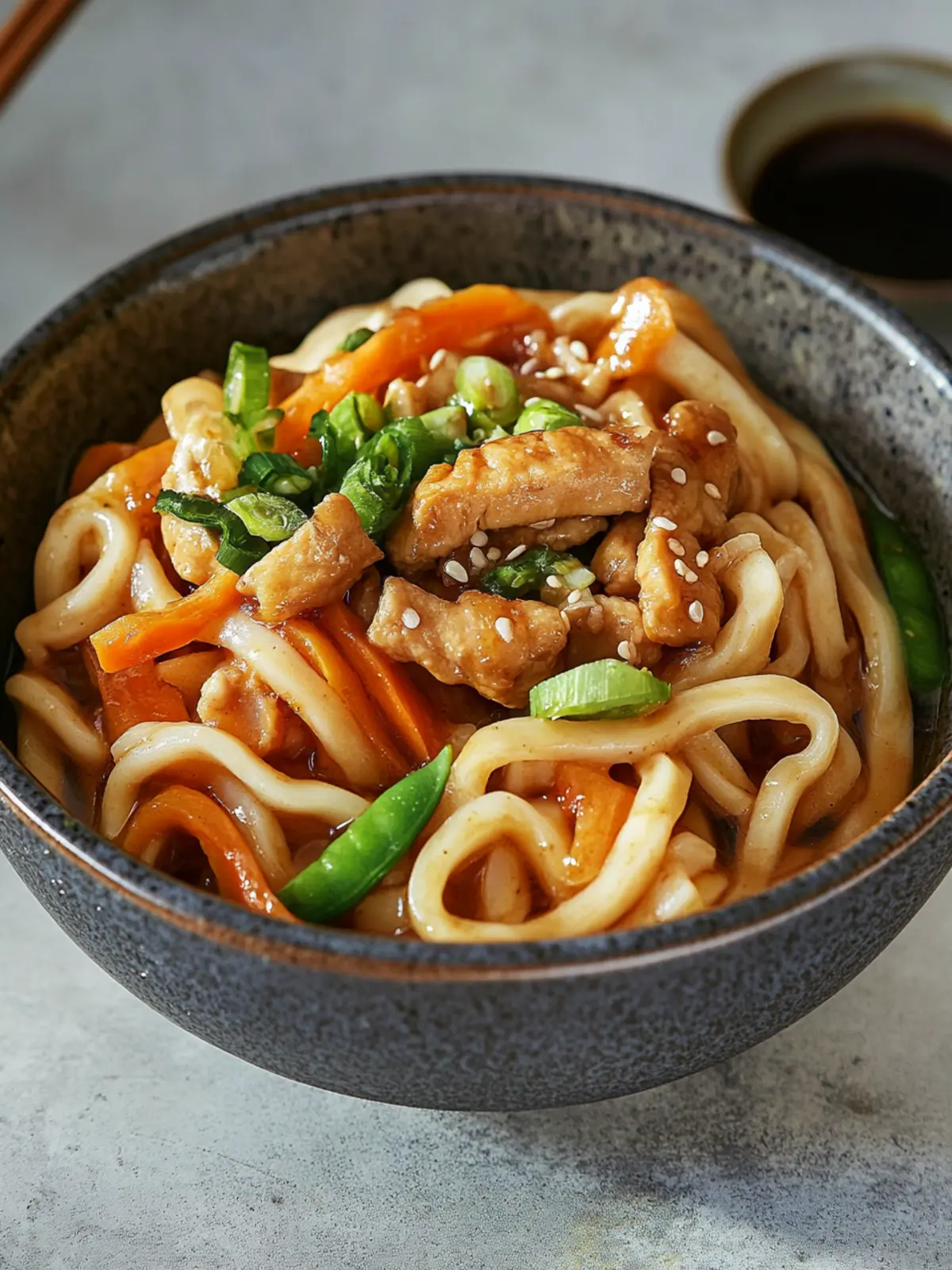 Yaki Udon (japanische gebratene Udon-Nudeln mit Hähnchen und Gemüse)