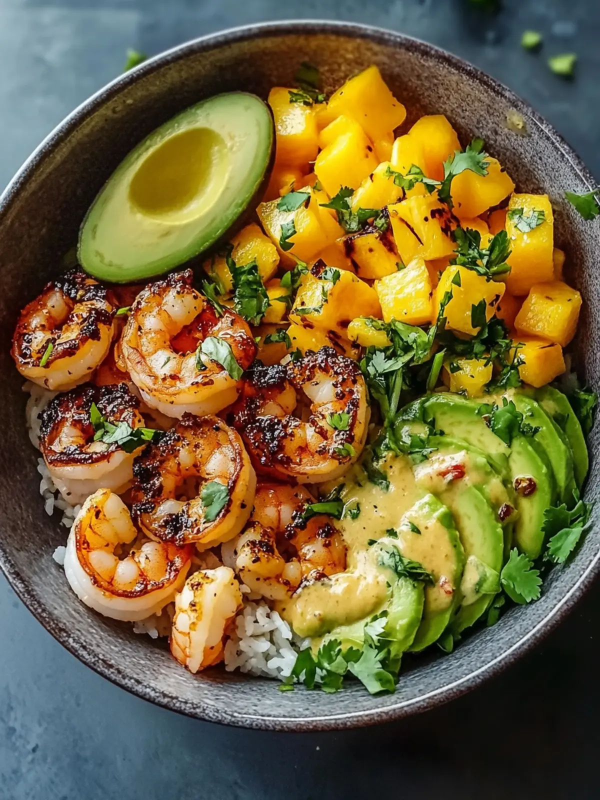 Shrimp- und Avocado-Bowls mit Mango-Salsa und Limetten-Chili-Sauce