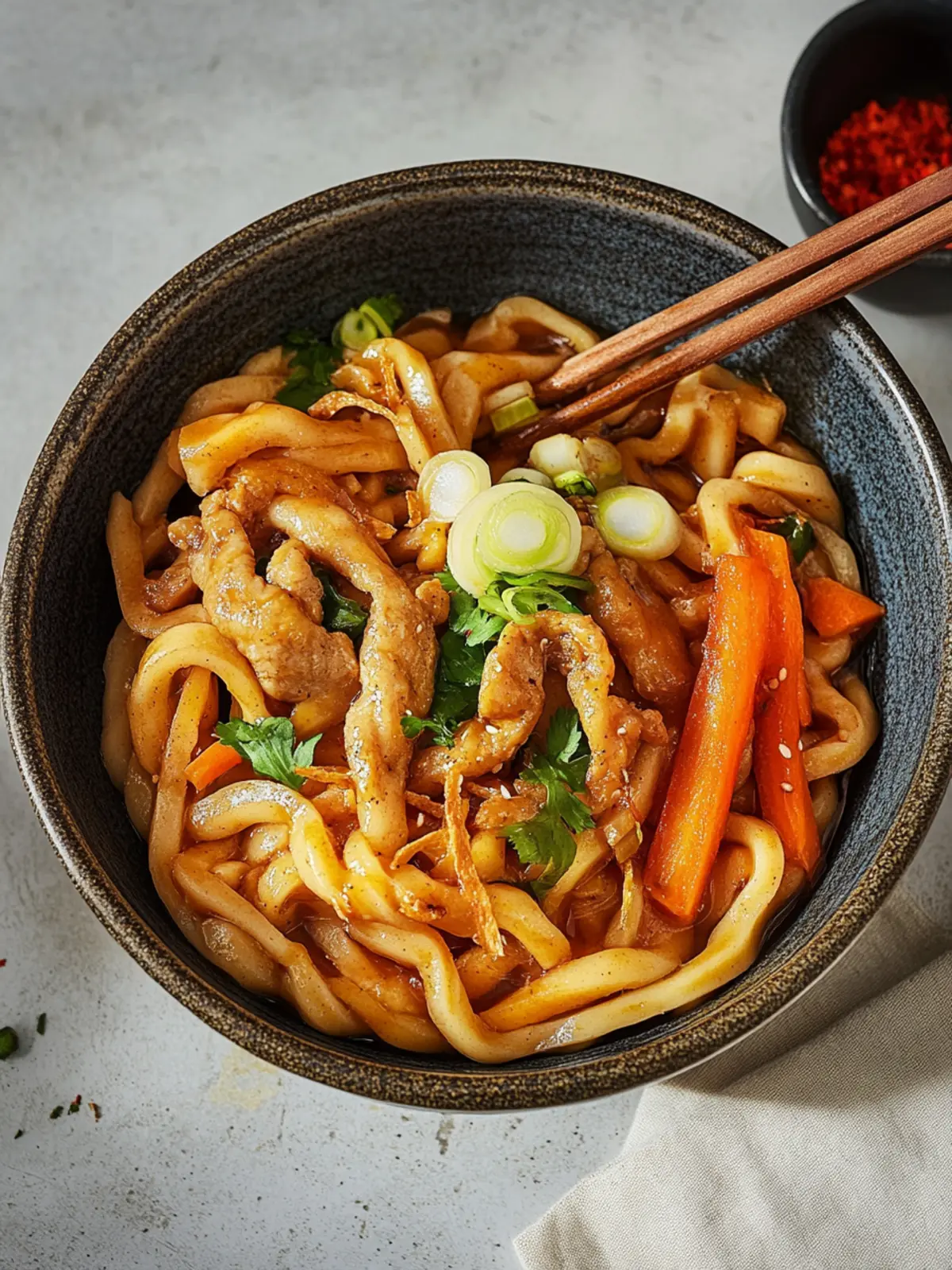 Yaki Udon (japanische gebratene Udon-Nudeln mit Hähnchen und Gemüse)