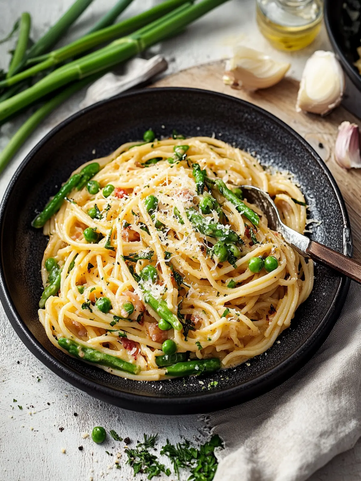 Spaghetti Carbonara mit grünem Spargel