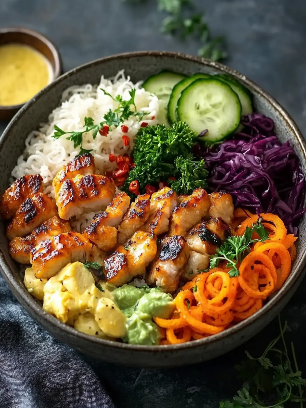 Würzige Hähnchen Bowl mit cremiger Soße