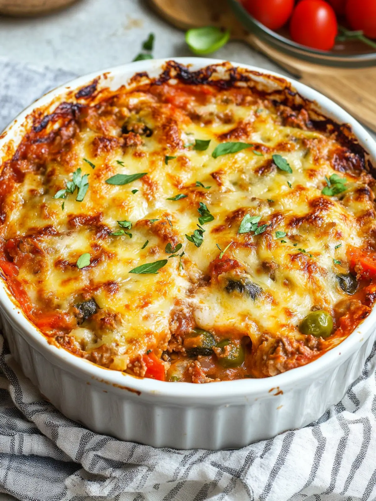 Vegetable casserole with minced meat and cheese gratinated