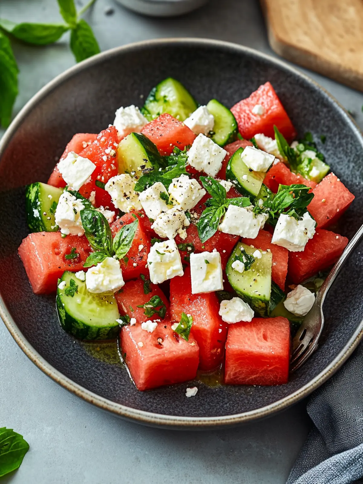 Wassermelonen-Salat mit Feta und Gurke