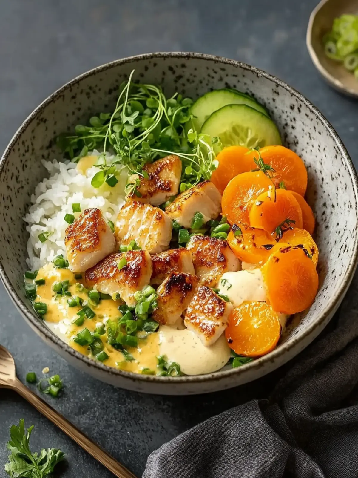 Würzige Hähnchen Bowl mit cremiger Soße