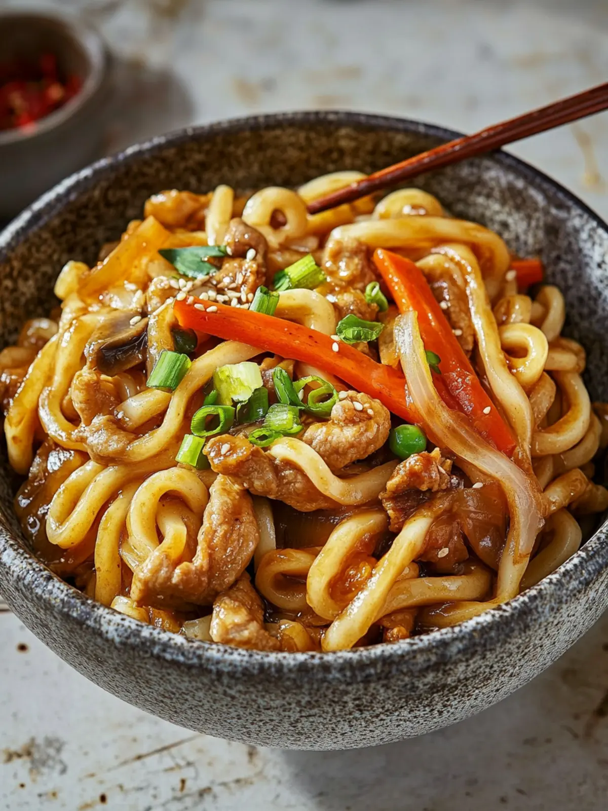 Yaki Udon (japanische gebratene Udon-Nudeln mit Hähnchen und Gemüse)