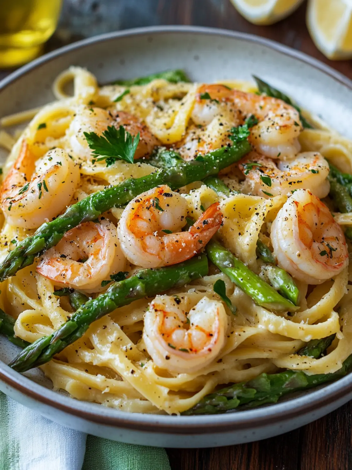 Pasta with green asparagus & shrimp - fresh, creamy & perfect for spring