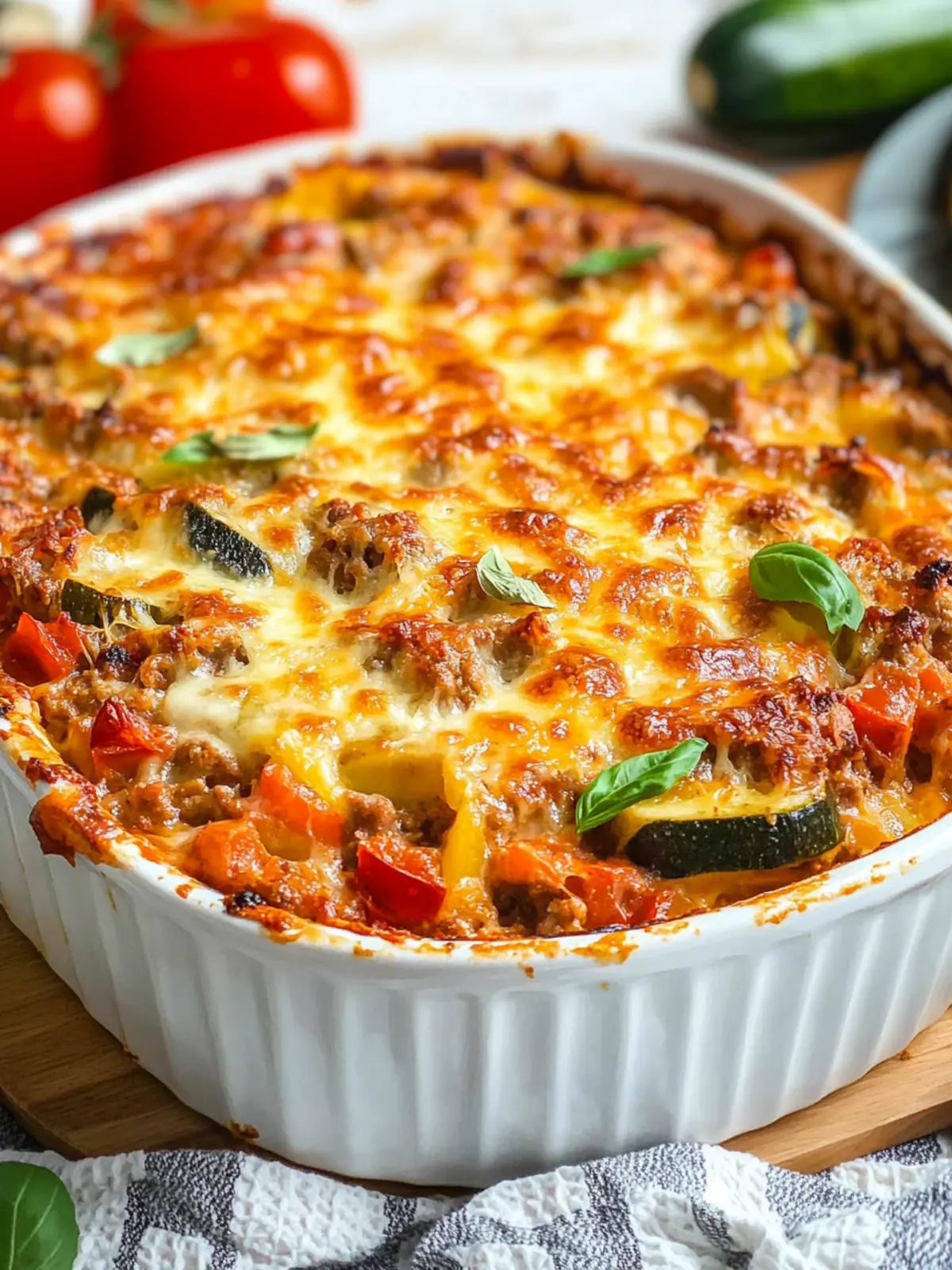 Vegetable casserole with minced meat and cheese gratinated