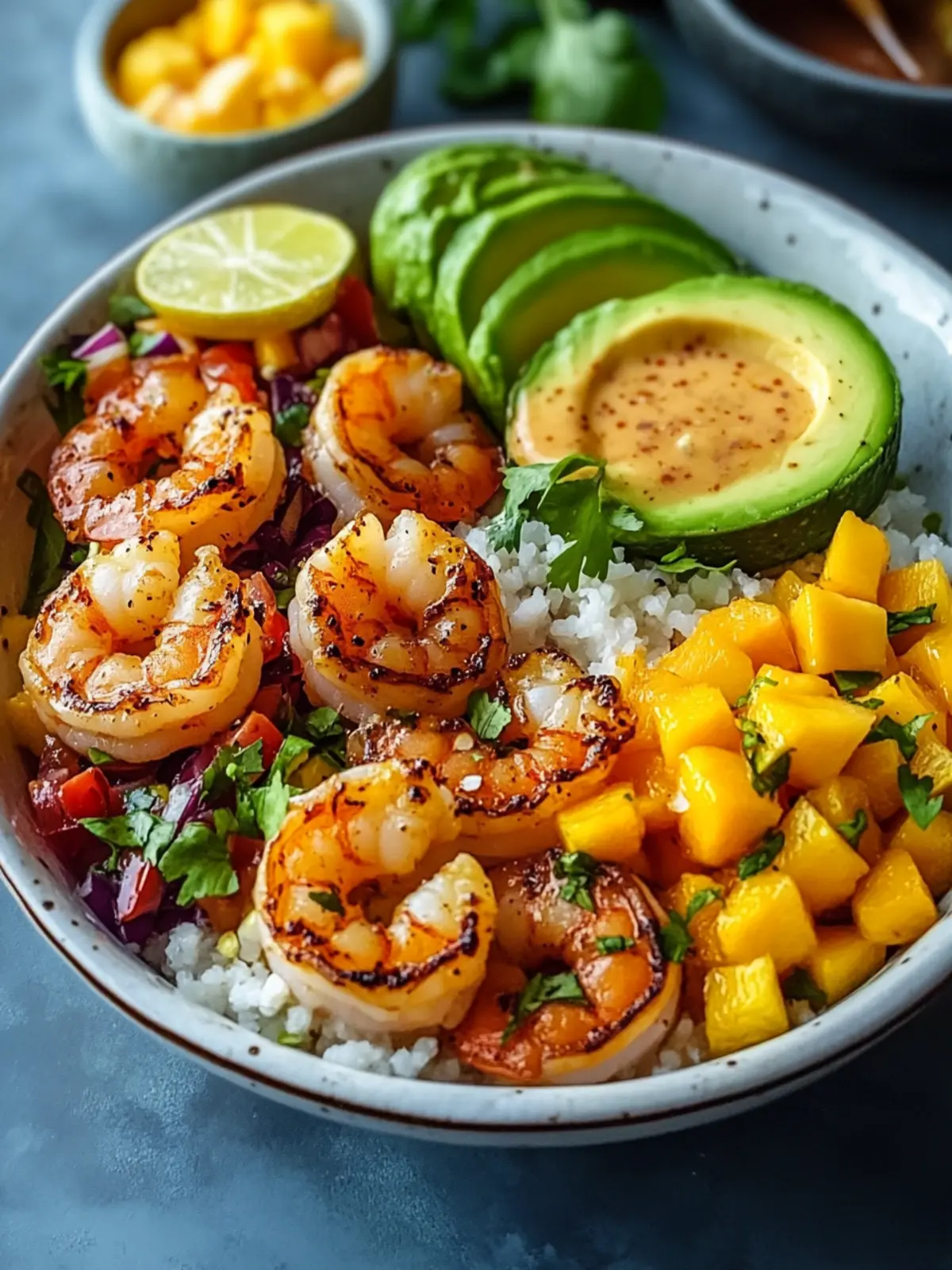 Shrimp- und Avocado-Bowls mit Mango-Salsa und Limetten-Chili-Sauce