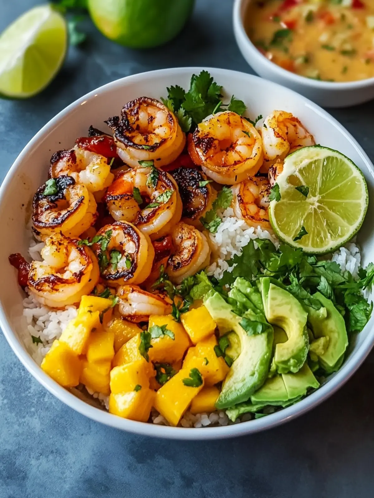 Shrimp- und Avocado-Bowls mit Mango-Salsa und Limetten-Chili-Sauce