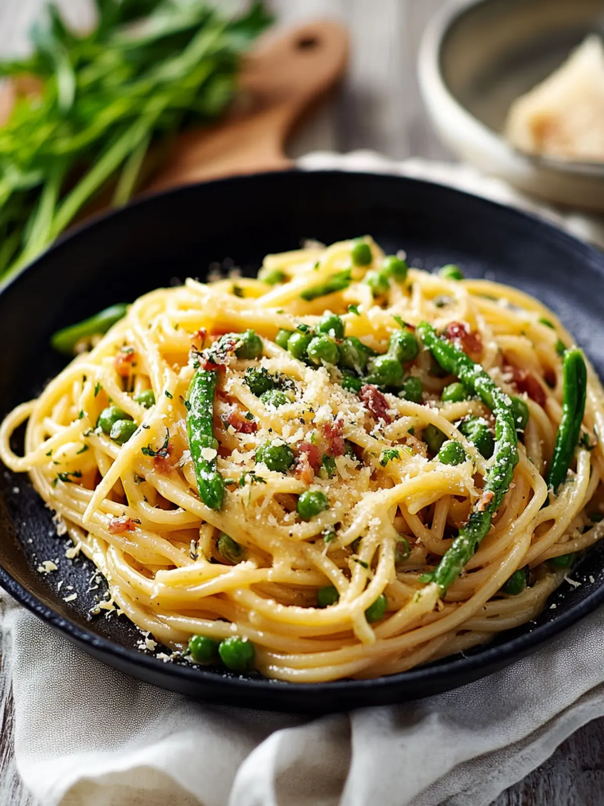 Spaghetti Carbonara mit grünem Spargel