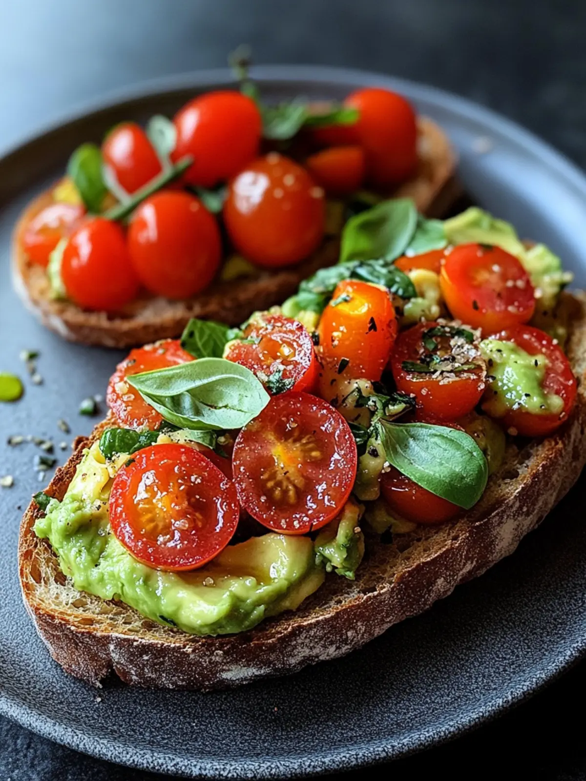 Geröstetes Brot mit Avocadobutter und Tomatensalat