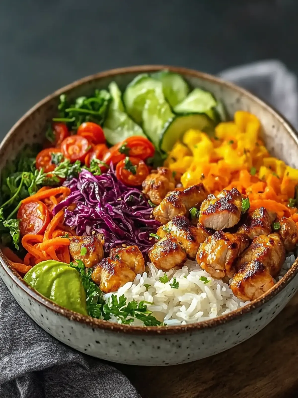 Würzige Hähnchen Bowl mit cremiger Soße