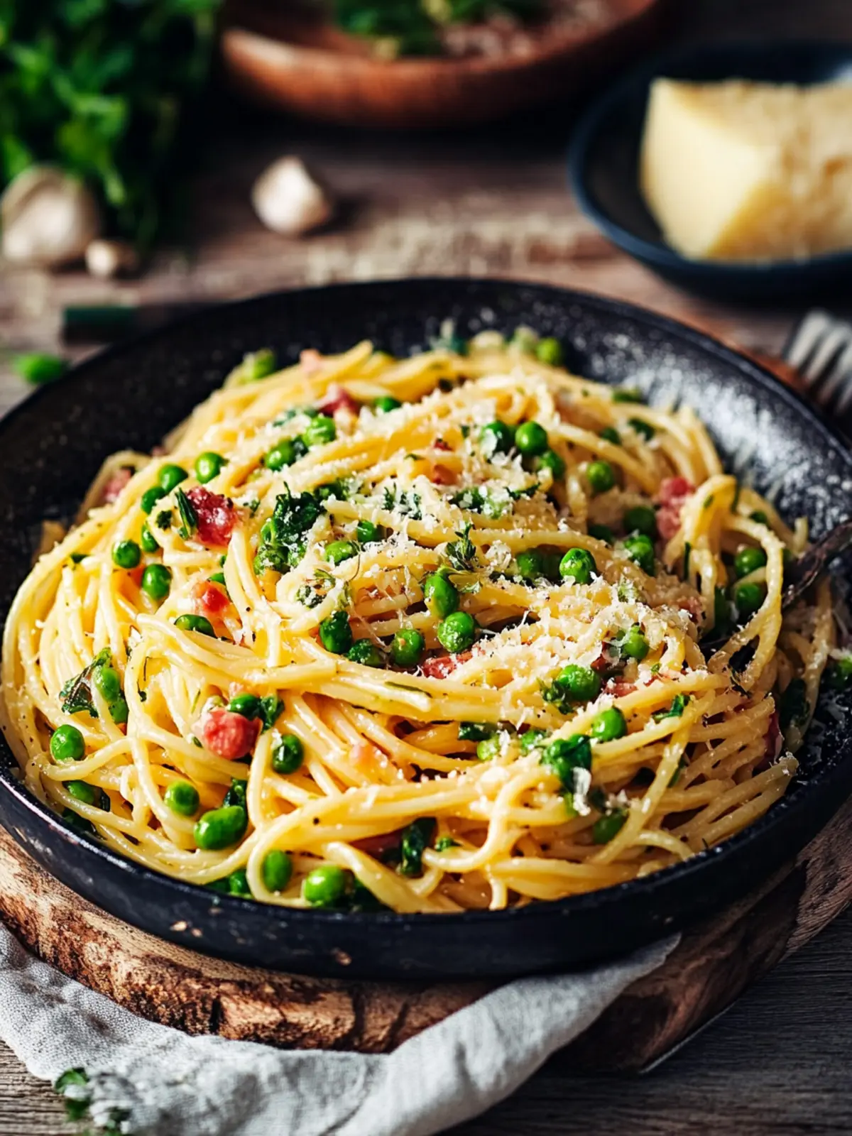 Spaghetti Carbonara mit grünem Spargel
